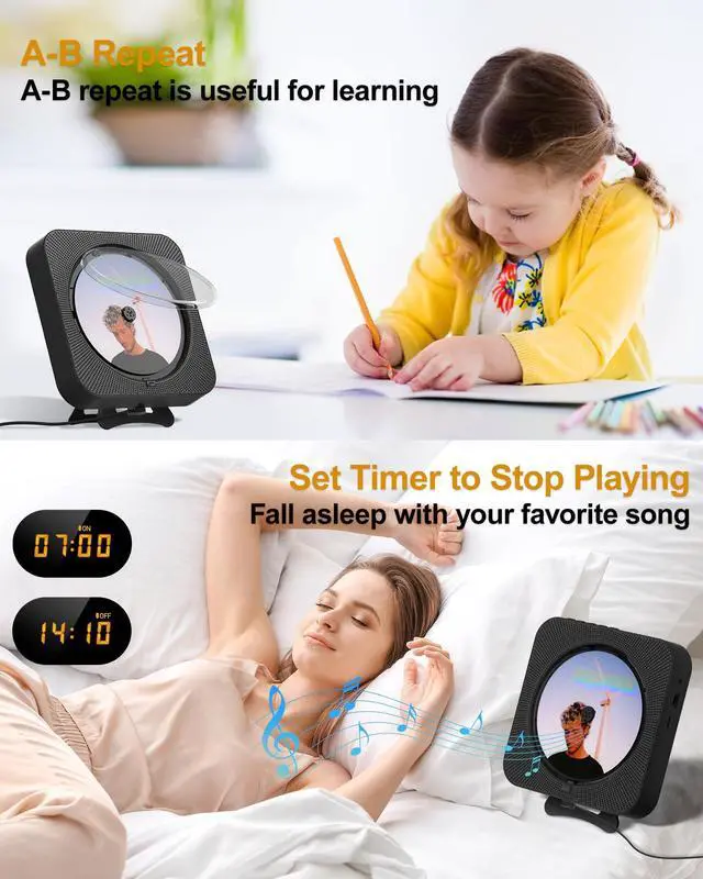 Alt view image 4 of 7 - CD Player Portable Bluetooth Desktop CD Player for Home, Mini Cute CD Players for Kids, Built-in Dual Speakers and LED Display with Remote Control, Supports CD/FM Radio/USB/AUX/Timer/Repeat (Black)