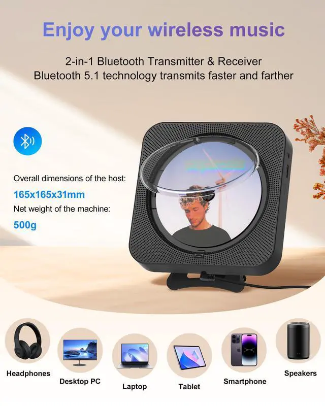 Alt view image 6 of 7 - CD Player Portable Bluetooth Desktop CD Player for Home, Mini Cute CD Players for Kids, Built-in Dual Speakers and LED Display with Remote Control, Supports CD/FM Radio/USB/AUX/Timer/Repeat (Black)