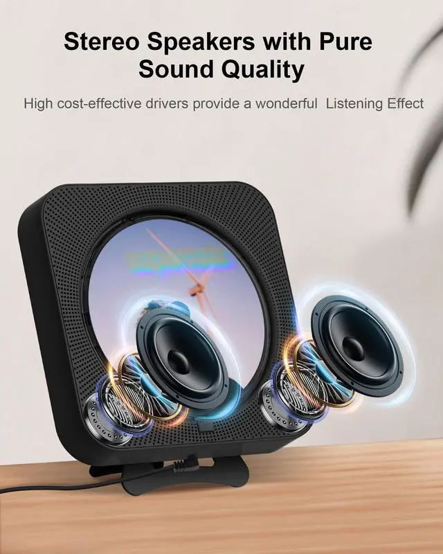 Alt view image 7 of 7 - CD Player Portable Bluetooth Desktop CD Player for Home, Mini Cute CD Players for Kids, Built-in Dual Speakers and LED Display with Remote Control, Supports CD/FM Radio/USB/AUX/Timer/Repeat (Black)