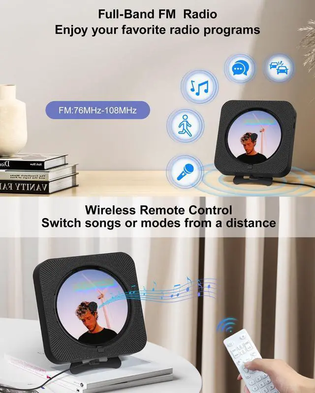 Alt view image 5 of 7 - CD Player Portable Bluetooth Desktop CD Player for Home, Mini Cute CD Players for Kids, Built-in Dual Speakers and LED Display with Remote Control, Supports CD/FM Radio/USB/AUX/Timer/Repeat (Black)