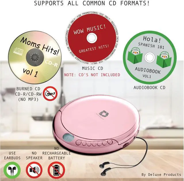 Alt view image 2 of 7 - Deluxe Products CD Player Portable with 60 Second Anti Skip, Stereo Earbuds, Includes Aux in Cable and AC USB Power Cable for use at Home or in Car. Pink