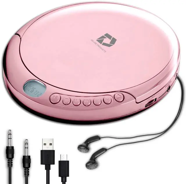 Main image of Deluxe Products CD Player Portable with 60 Second Anti Skip, Stereo Earbuds, Includes Aux in Cable and AC USB Power Cable for use at Home or in Car. Pink
