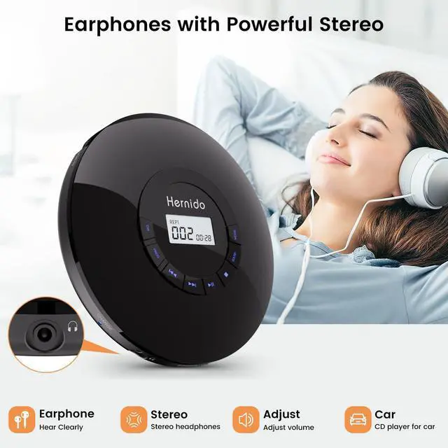 Alt view image 6 of 7 - Portable CD Player with Headphone, Hernido Rechargeable CD Player for car, Compact CD Walkman with 5 EQ Sounds, AUX Output, Anti-Skip, CD Player for Home & Travel Discman Kpop Player