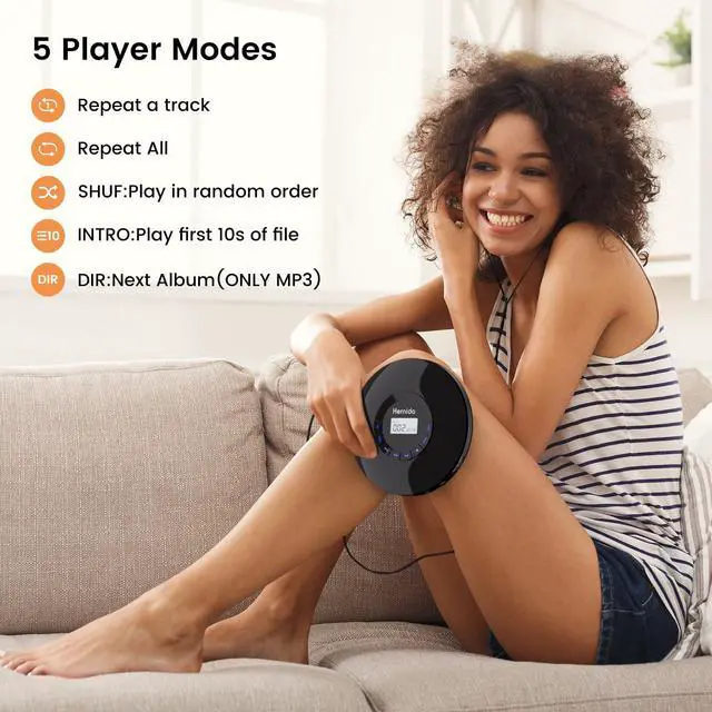 Alt view image 5 of 7 - Portable CD Player with Headphone, Hernido Rechargeable CD Player for car, Compact CD Walkman with 5 EQ Sounds, AUX Output, Anti-Skip, CD Player for Home & Travel Discman Kpop Player