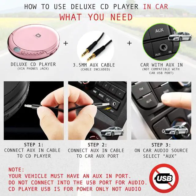 Alt view image 3 of 7 - Deluxe Products CD Player Portable with 60 Second Anti Skip, Stereo Earbuds, Includes Aux in Cable and AC USB Power Cable for use at Home or in Car. Pink