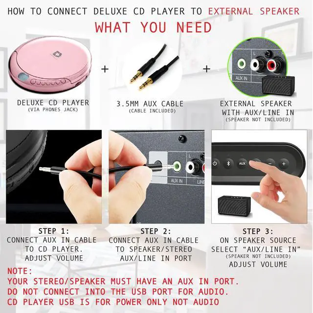 Alt view image 4 of 7 - Deluxe Products CD Player Portable with 60 Second Anti Skip, Stereo Earbuds, Includes Aux in Cable and AC USB Power Cable for use at Home or in Car. Pink