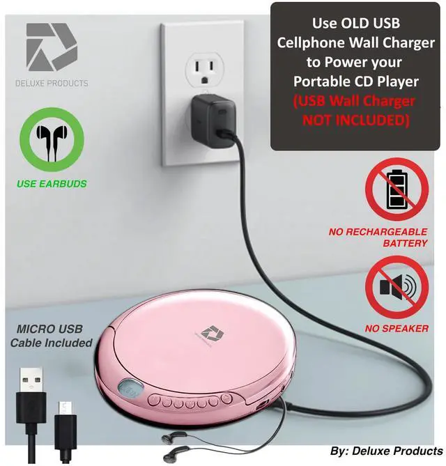 Alt view image 5 of 7 - Deluxe Products CD Player Portable with 60 Second Anti Skip, Stereo Earbuds, Includes Aux in Cable and AC USB Power Cable for use at Home or in Car. Pink