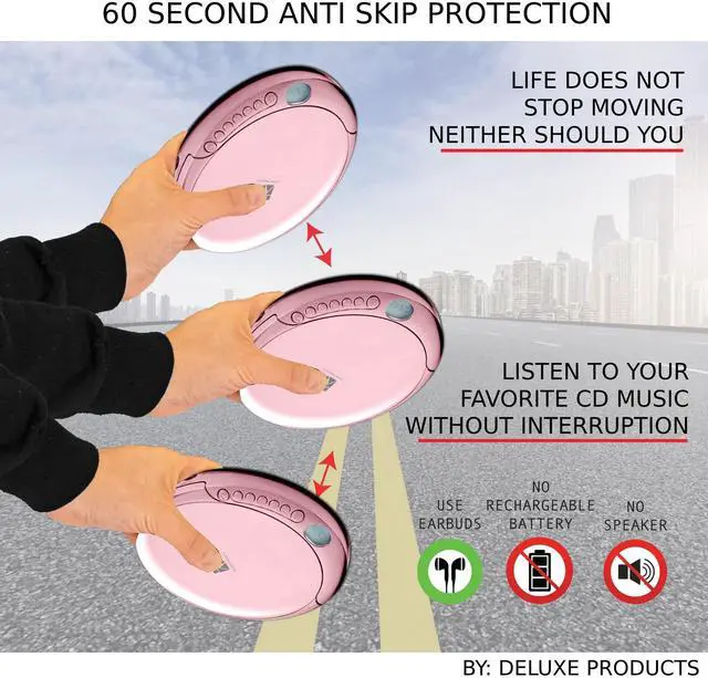 Alt view image 6 of 7 - Deluxe Products CD Player Portable with 60 Second Anti Skip, Stereo Earbuds, Includes Aux in Cable and AC USB Power Cable for use at Home or in Car. Pink