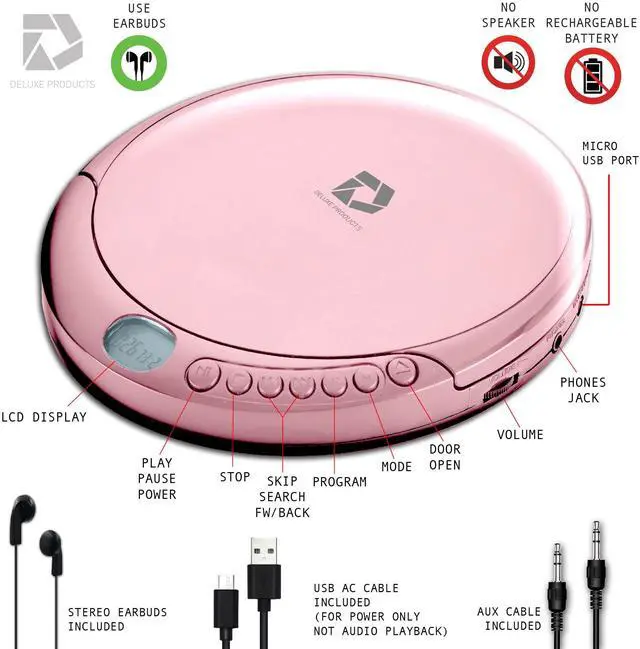 Alt view image 7 of 7 - Deluxe Products CD Player Portable with 60 Second Anti Skip, Stereo Earbuds, Includes Aux in Cable and AC USB Power Cable for use at Home or in Car. Pink