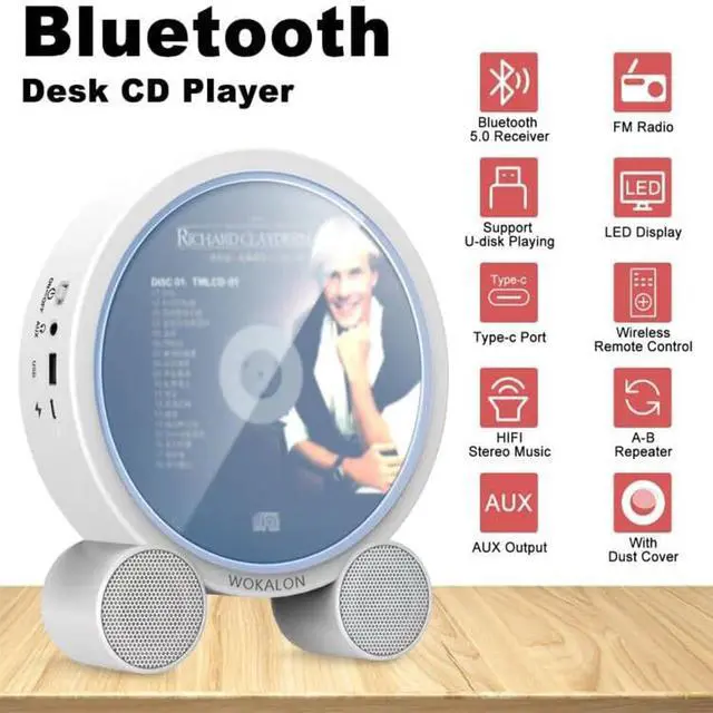 Alt view image 6 of 7 - WOKALON Desktop Vertical CD Player Portable with Bluetooth for Home with LCD Screen Display Built in HiFi Speakers Support Timed Music ON/Off FM USB SD