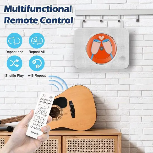 Alt view image 4 of 6 - TODANGAI Bluetooth CD Player with Speakers - Wall Mounted Home CD Player, Portable CD Player for Car/Kids with FM Radio/USB/AUX/Includes Adapter/Remote Control/LCD Display/Dust Cover