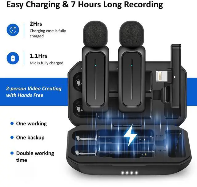 Alt view image 5 of 7 - Ecomxia 2 Pcs Wireless Lavalier Microphone for iPhone iPad Android with Charging Case 7H Clip on Lapel Microphone Wireless for Video Recording Vlogging, YouTube, Interview, 3 Mode Denoise, 70ft