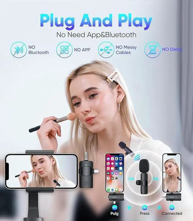Alt view image 3 of 6 - K15 3 in 1 Wireless Lavalier Microphone for iPhone Android Camera USB-C, Noise Canceling Wireless Mini Microphone for YouTube,TikTok,Video Recording,Interviews,Game Live Streaming,Vlog
