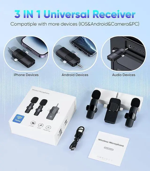 Alt view image 4 of 6 - K15 3 in 1 Wireless Lavalier Microphone for iPhone Android Camera USB-C, Noise Canceling Wireless Mini Microphone for YouTube,TikTok,Video Recording,Interviews,Game Live Streaming,Vlog