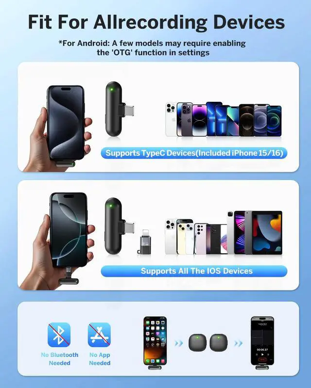 Alt view image 3 of 7 - Mini Wireless Lavalier Microphone for iPhone/Android/PC/Tablets, Lapel Mics with USB-C/Lightning Plug, AI Noise Cancelling, Magnetic Mic, 40H Battery Life with Charging Case for Stream, Vlog, TikTok