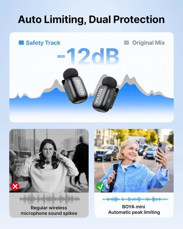 Alt view image 6 of 7 - BOYA mini 2 Wireless Lavalier Microphones for iPhone 15/16/17 & Android, AI Noise Cancellation, App Control, 30H Battery Life with Charging Case, Lapel Microphone Wireless for Video Recording Vlogging