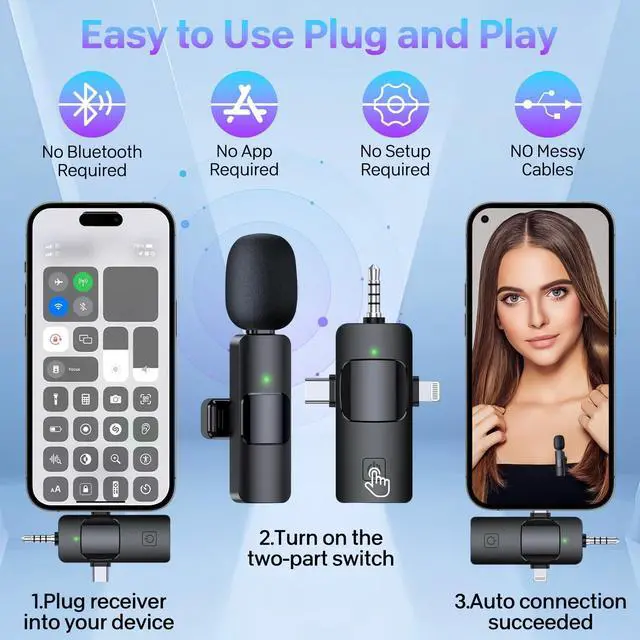 Alt view image 2 of 7 - pobugy 3 in 1 Wireless Microphone, Wireless Lavalier for iPhone, iPad, Android, Camera, Mini Microphone with Noise Reduction for Video Recording, Vlog, YouTube, TikTok, for Media People