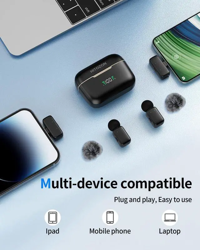 Alt view image 5 of 7 - HITOZON Mini Wireless Lavalier Microphone for iPhone/Android/Tablet/PC with Lightning/USB-C Plug, Noise Cancellation, Wireless Clip-on Mic with Charging Case for Video Recording TikTok YouTube Podcast