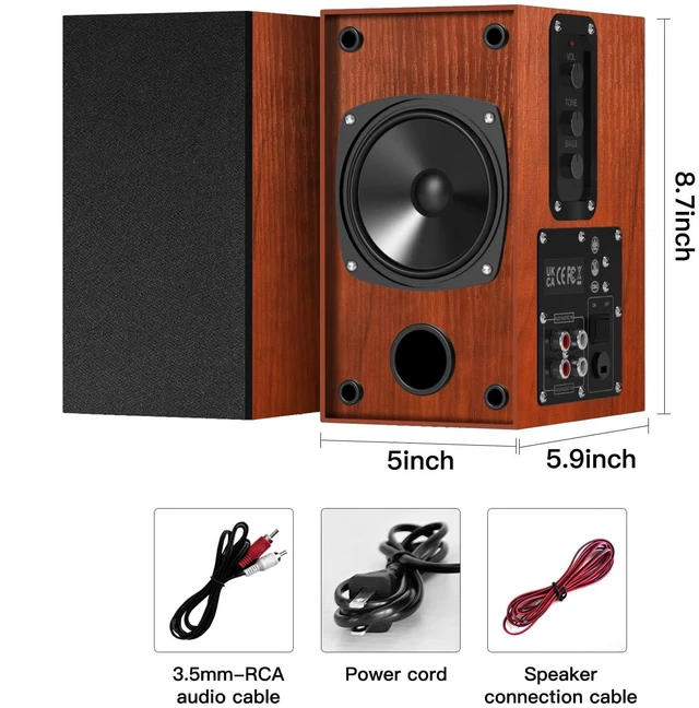 Alt view image 7 of 7 - 30W X 2 Powered Bookshelf Speakers, RCA Input for Turntable, Brown 30W RMS Built-in Class D Amp, Record Player Speakers - Comes Rca Cable for, TV, PC, with 4 Inch Woofer & Wall Mounted