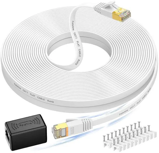 Main image of Cat 7 Ethernet Cable 50 ft, High Speed Flat Internet Cable with Extension Coupler, Shielded RJ45 Network Cable for Ethernet Network Switch, Modem, Router, Printer-Faster Than Cat6/Cat5e/Cat5-White
