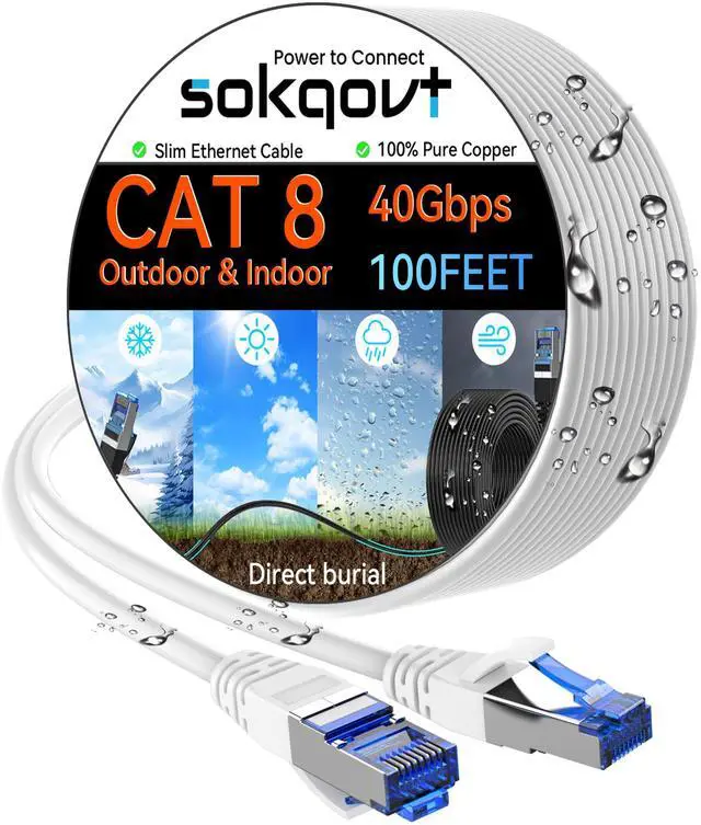 Main image of Sokqovt Cat 8 Ethernet Cable Slim 100ft Outdoor&Indoor, Pure Copper Cat8 Internet Cable for Waterproof & Direct Burial, Flexible Cat8 Ethernet Cable 40G 2000MHZ, Cat 8 Network Cable for Indoor White