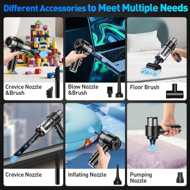Alt view image 3 of 7 - SHLNLI Mini Vacuum Cleaner, 16000PA Car Vacuum Cleaner Portable Cordless with LED Light, 4 in 1 Air Duster and Handheld Small Vacuum Rechargeable for Car, Home, Office, PetBlack