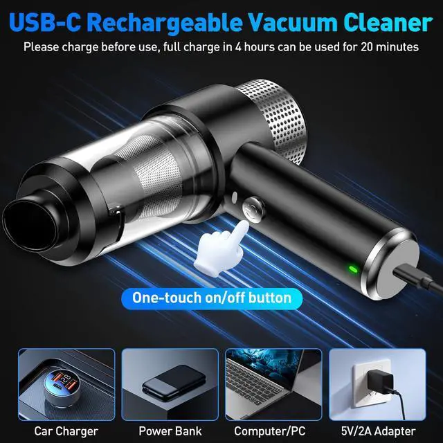 Alt view image 5 of 7 - SHLNLI Mini Vacuum Cleaner, 16000PA Car Vacuum Cleaner Portable Cordless with LED Light, 4 in 1 Air Duster and Handheld Small Vacuum Rechargeable for Car, Home, Office, PetBlack