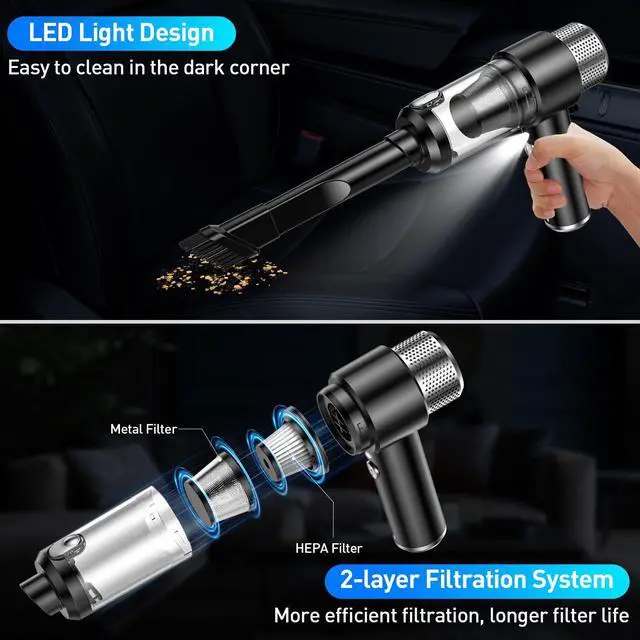 Alt view image 6 of 7 - SHLNLI Mini Vacuum Cleaner, 16000PA Car Vacuum Cleaner Portable Cordless with LED Light, 4 in 1 Air Duster and Handheld Small Vacuum Rechargeable for Car, Home, Office, PetBlack