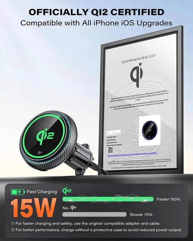Alt view image 2 of 7 - APPS2Car for Qi2 15W MagSafe Car Mount Charger, Qi2-Certified MagSafe Car Charger, Air Vent/Dashboard Magnetic Phone Holder Car for iPhone 16 Pro Max Plus 15 14 13, Black