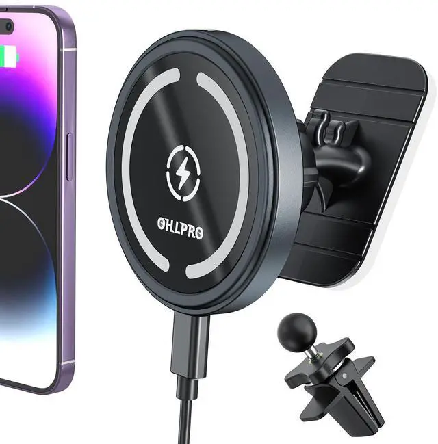 Main image of OHLPRO for MagSafe Car Mount Charger iPhone Wireless Car Charger, Stick on Dashboard Magnetic Phone Holder Mount for iPhone 17 Pro Plus Max 16 15 14 13 12 Series, 15W Fast Charging, Aluminum Shell