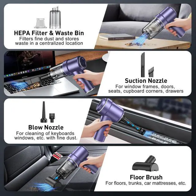 Alt view image 5 of 7 - KMM Handheld Car Vacuum Cleaner, 9000PA Vacuum Cleaner & Air Duster, 120W High Power Vacuum Portable Cordless, Hand Held Vacuum Rechargeable with Multi-Nozzles & LED Light for Home, Car, Office