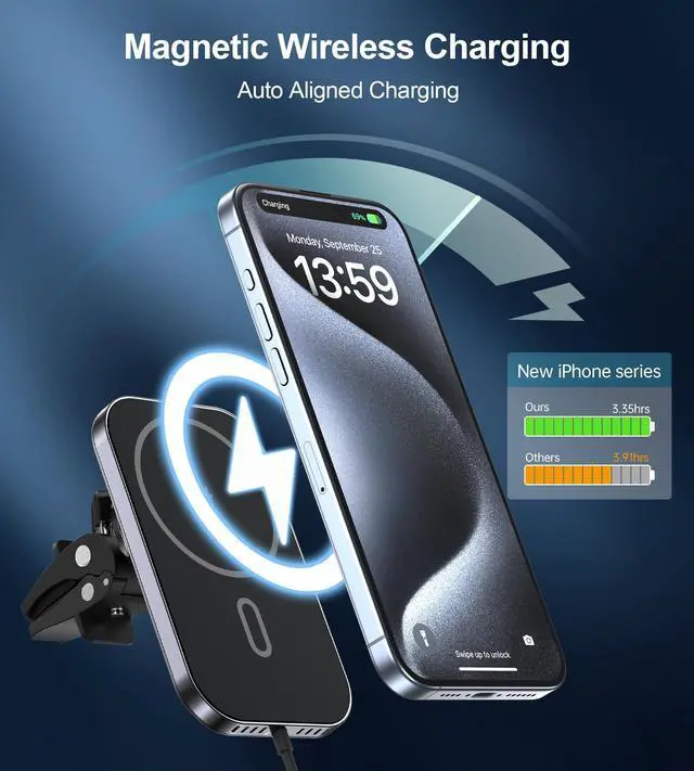 Alt view image 2 of 6 - Mukiya for MagSafe Car Mount Charger with Adapter, 360° Rotation Magnetic Wireless iPhone Car Charger for Air Vent, Compatible with iPhone 17/16/15/14/13/12 Series