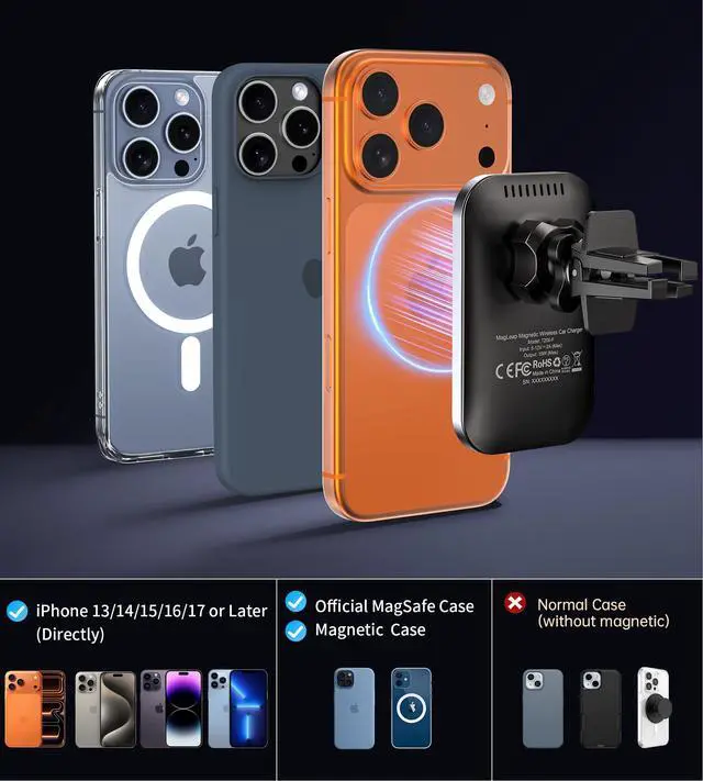 Alt view image 5 of 6 - Mukiya for MagSafe Car Mount Charger with Adapter, 360° Rotation Magnetic Wireless iPhone Car Charger for Air Vent, Compatible with iPhone 17/16/15/14/13/12 Series