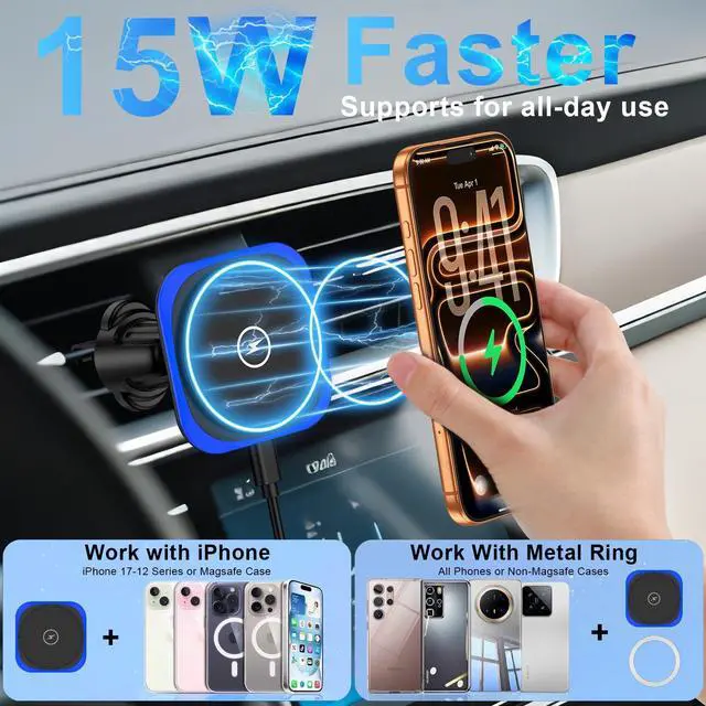 Alt view image 4 of 6 - for Magsafe Car Mount Charger, 15W Magnetic Wireless Car Charger, Magnetic Car Phone Holder for iPhone 17 16 15 14 13 12 Series, Samsung Galaxy S25 S24 S23 S22 S21 S20 Ultra FE, Google Pixel 10 9 Pro