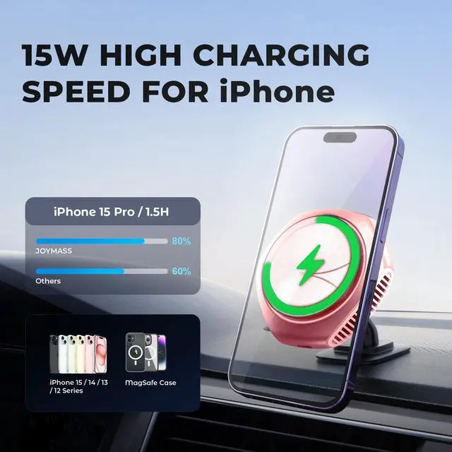 Alt view image 2 of 6 - JOYMASS for MagSafe Car Mount Charger, 15W Fast Charging Magnetic Wireless Car Charger Phone Holder Mount Fits iPhone 15 Pro Max Plus 14 13 12 Mini MagSafe Case - Pink