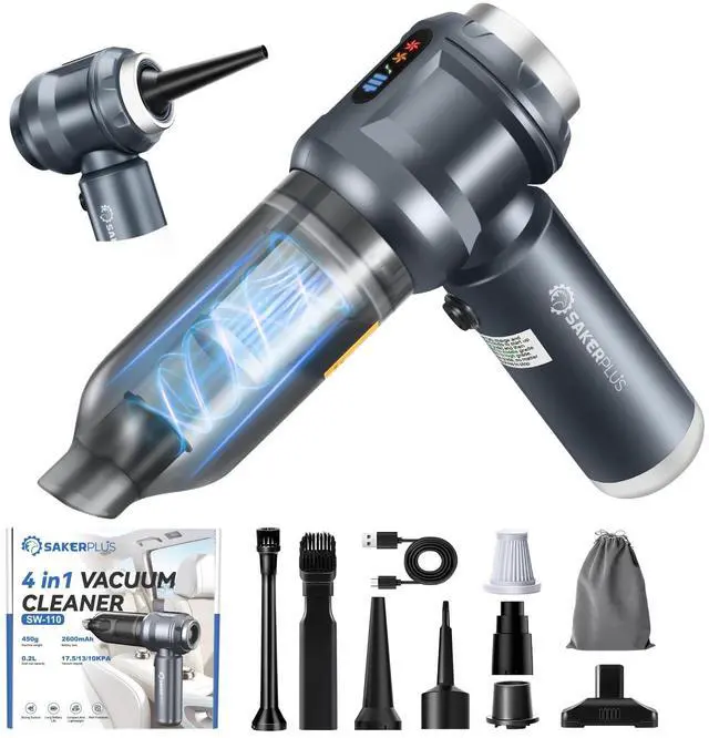 Main image of SakerPlus 4 in 1 Handheld Car Vacuum Cleaner & Air Duster, 17500PA High Power Rechargeable Portable Vacuum with LED Light, Multi Nozzles for Car, Home & Office Ideal for Men and Family