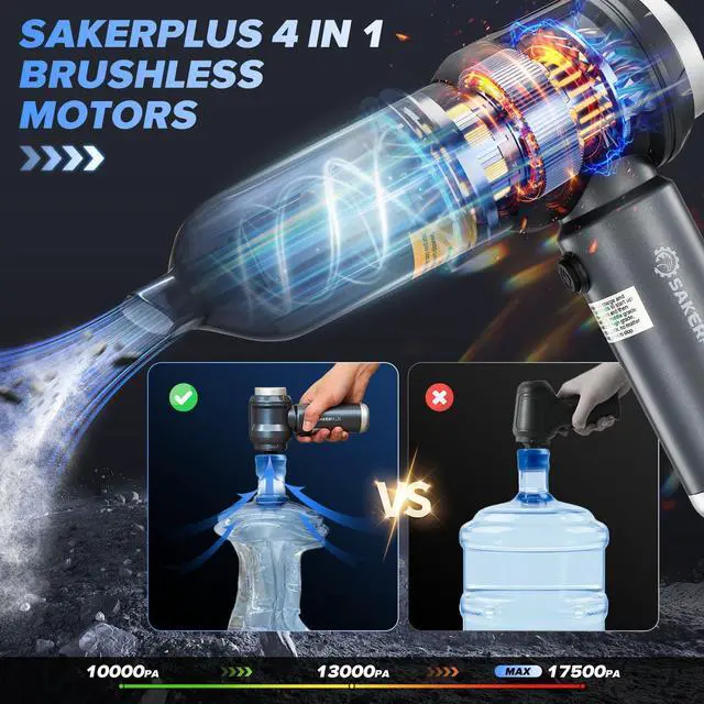 Alt view image 2 of 7 - SakerPlus 4 in 1 Handheld Car Vacuum Cleaner & Air Duster, 17500PA High Power Rechargeable Portable Vacuum with LED Light, Multi Nozzles for Car, Home & Office Ideal for Men and Family
