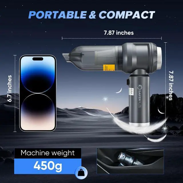 Alt view image 4 of 7 - SakerPlus 4 in 1 Handheld Car Vacuum Cleaner & Air Duster, 17500PA High Power Rechargeable Portable Vacuum with LED Light, Multi Nozzles for Car, Home & Office Ideal for Men and Family