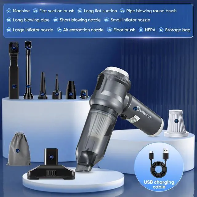 Alt view image 7 of 7 - SakerPlus 4 in 1 Handheld Car Vacuum Cleaner & Air Duster, 17500PA High Power Rechargeable Portable Vacuum with LED Light, Multi Nozzles for Car, Home & Office Ideal for Men and Family