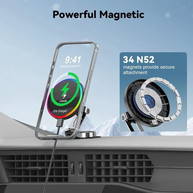 Alt view image 2 of 7 - Lecork for Magsafe Car Mount, 15W Magnetic Wireless Charger for iPhone, Magsafe Air Vent Car Holder Charger for iPhone 16 Pro Max/16/15/14 13 12, Samsung S25/S25+/Ultra, RGB LED Design