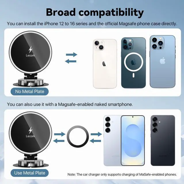 Alt view image 5 of 7 - Lecork for Magsafe Car Mount, 15W Magnetic Wireless Charger for iPhone, Magsafe Air Vent Car Holder Charger for iPhone 16 Pro Max/16/15/14 13 12, Samsung S25/S25+/Ultra, RGB LED Design