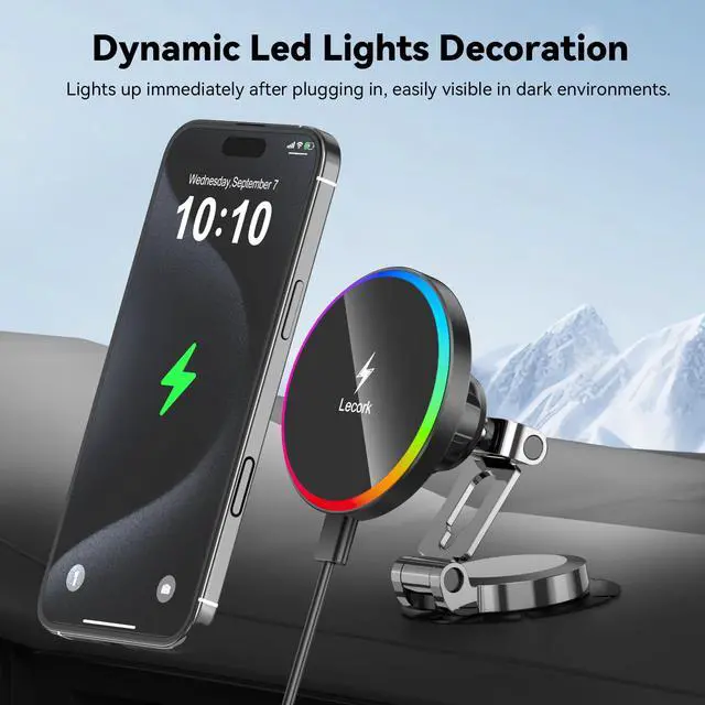 Alt view image 7 of 7 - Lecork for Magsafe Car Mount, 15W Magnetic Wireless Charger for iPhone, Magsafe Air Vent Car Holder Charger for iPhone 16 Pro Max/16/15/14 13 12, Samsung S25/S25+/Ultra, RGB LED Design