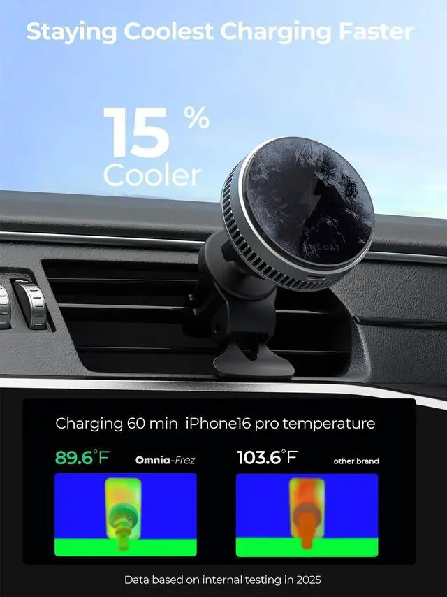 Alt view image 2 of 7 - AMEGAT Magnetic Car Charger, Active Cooling 15W Qi2-Certified Compatible with Magsafe Car Mount Charger Fast Charging, Air Vent Phone Holder Mount for iPhone 17 Pro Max 16/15/14/13/12 and More Series