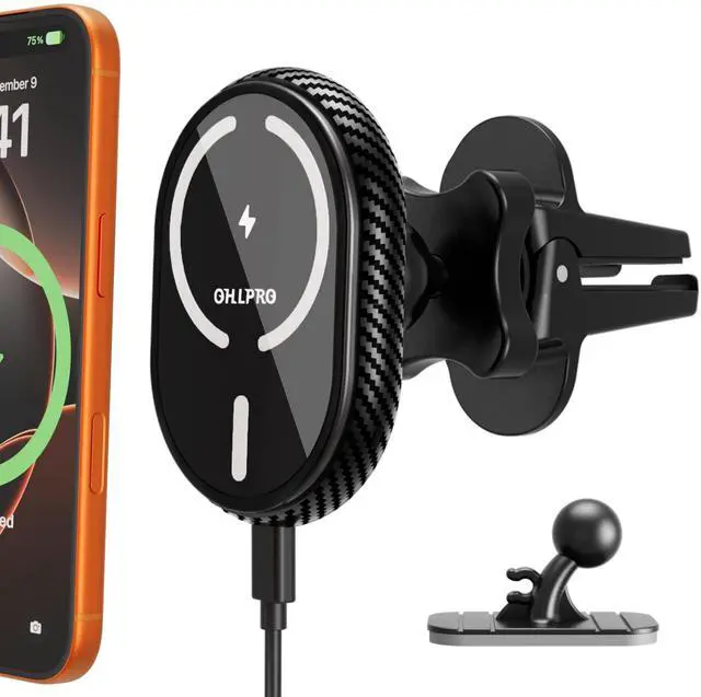 Main image of OHLPRO for iPhone 17 Magsafe Car Mount Charger, 15W Fast Charging Magnetic Holder with 3M Adhesive Base for Dashboard, Mag Car Holder for Vent Clip Compatible with iPhone 16/15/14/13 Pro Max, Black