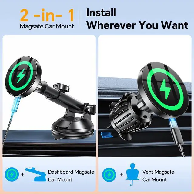 Alt view image 2 of 7 - Coolpow for MagSafe Car Mount ChargerUltra MagnetMagnetic Phone Holders for Your Car ChargerWindshield+Vent+DashMagnetic Wireless Car Phone Holder Charger Car Mount for iPhone 17 Pro Max 16 15 14