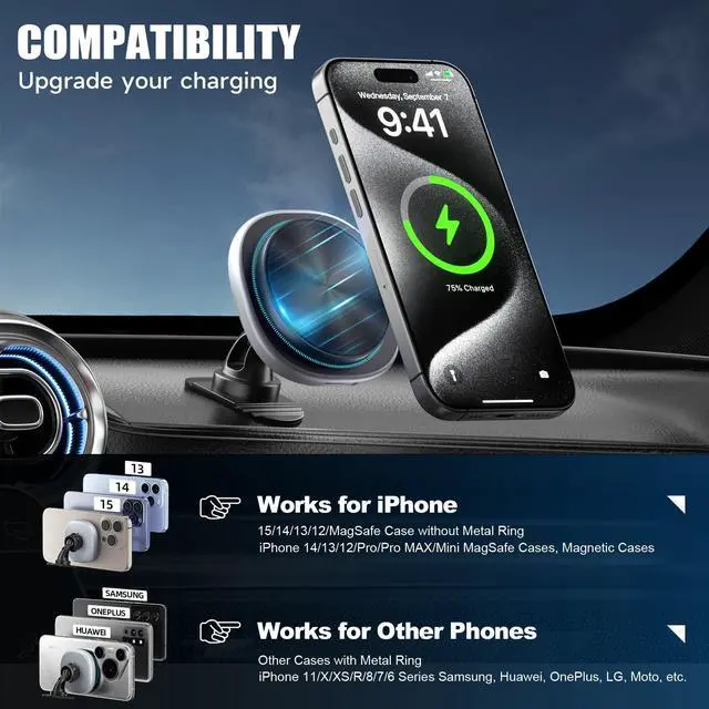 Alt view image 4 of 7 - Likzest 15W MagSafe Car Mount Charger, Magnetic Wireless Car Charger Phone Holder for iPhone 17 Pro Max/17/16/15/14/13/12, Fast Charging Air Vent & Dashboard Mount, for Galaxy S25, Pixel with MagSafe