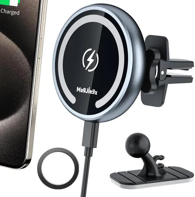 Main image of Magjieyx for Magsafe Car Mount Wireless Charger Magnetic Fast Charging Compatible with iPhone 16,15,14,13,12,Pro Max,Mini,Magsafe Case, Air Vent and Stick On Dashboard Car Phone Holder