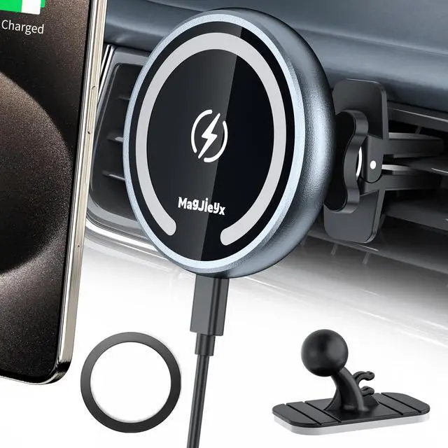 Alt view image 2 of 7 - Magjieyx for Magsafe Car Mount Wireless Charger Magnetic Fast Charging Compatible with iPhone 16,15,14,13,12,Pro Max,Mini,Magsafe Case, Air Vent and Stick On Dashboard Car Phone Holder