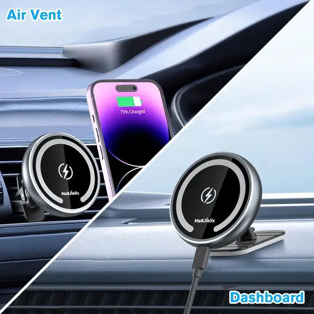 Alt view image 3 of 7 - Magjieyx for Magsafe Car Mount Wireless Charger Magnetic Fast Charging Compatible with iPhone 16,15,14,13,12,Pro Max,Mini,Magsafe Case, Air Vent and Stick On Dashboard Car Phone Holder