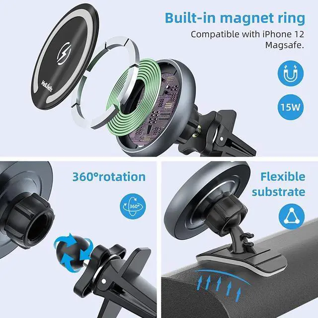 Alt view image 6 of 7 - Magjieyx for Magsafe Car Mount Wireless Charger Magnetic Fast Charging Compatible with iPhone 16,15,14,13,12,Pro Max,Mini,Magsafe Case, Air Vent and Stick On Dashboard Car Phone Holder